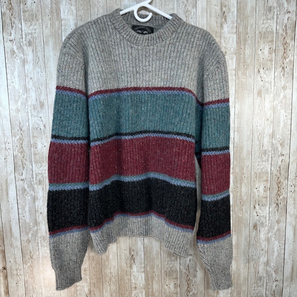 Northern Isles Mens XL Wool Blend Sweater Crewneck Gray Green Red‎ Made USA